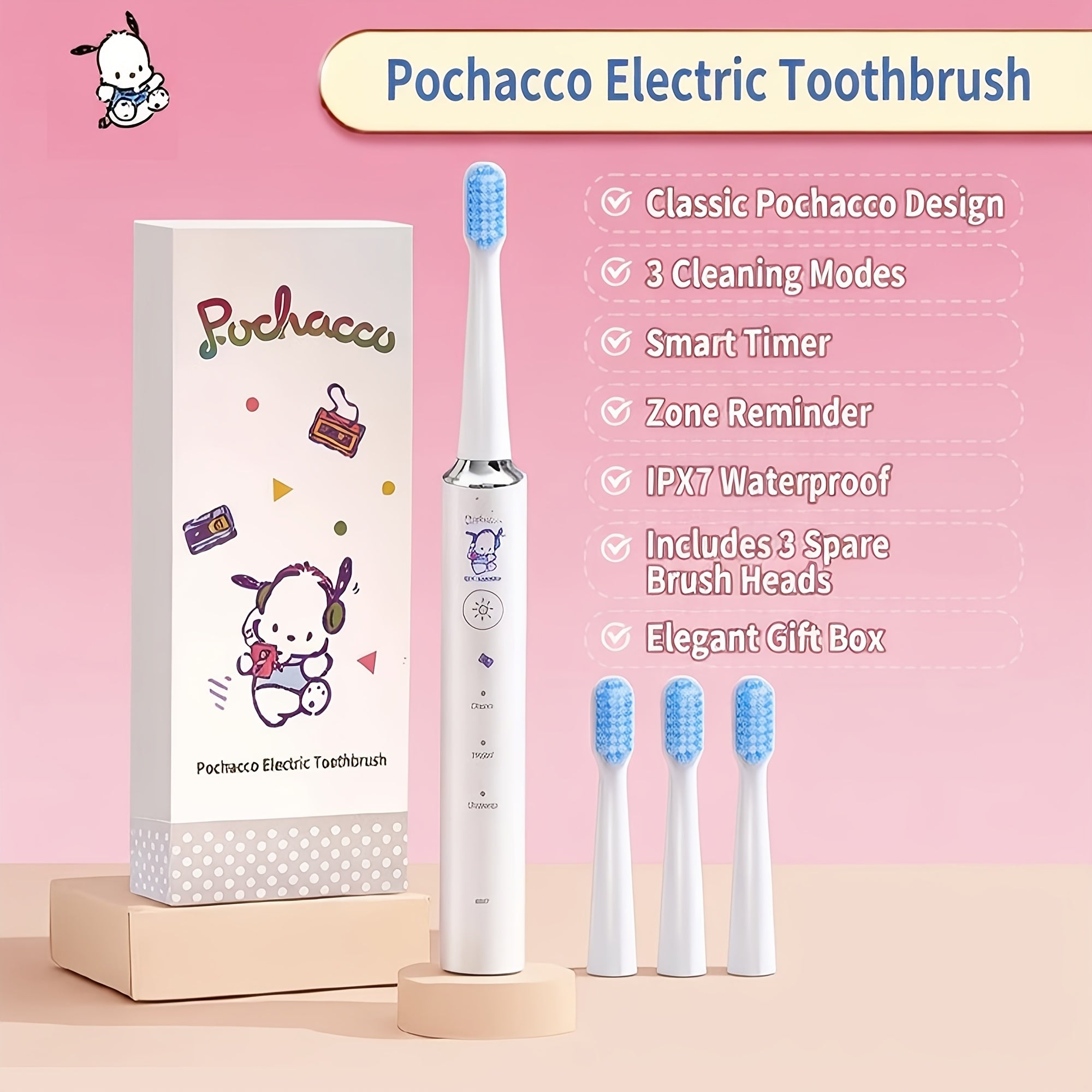 Sanrio Electric Toothbrush Hello Kitty & Pochacco - 4 Cleaning Modes, 4 Intensity Levels, 3 Replacement Brush Heads, 2-Minute Smart Timer, Cute Design Gift for Girls, Birthday, Graduation, Christmas