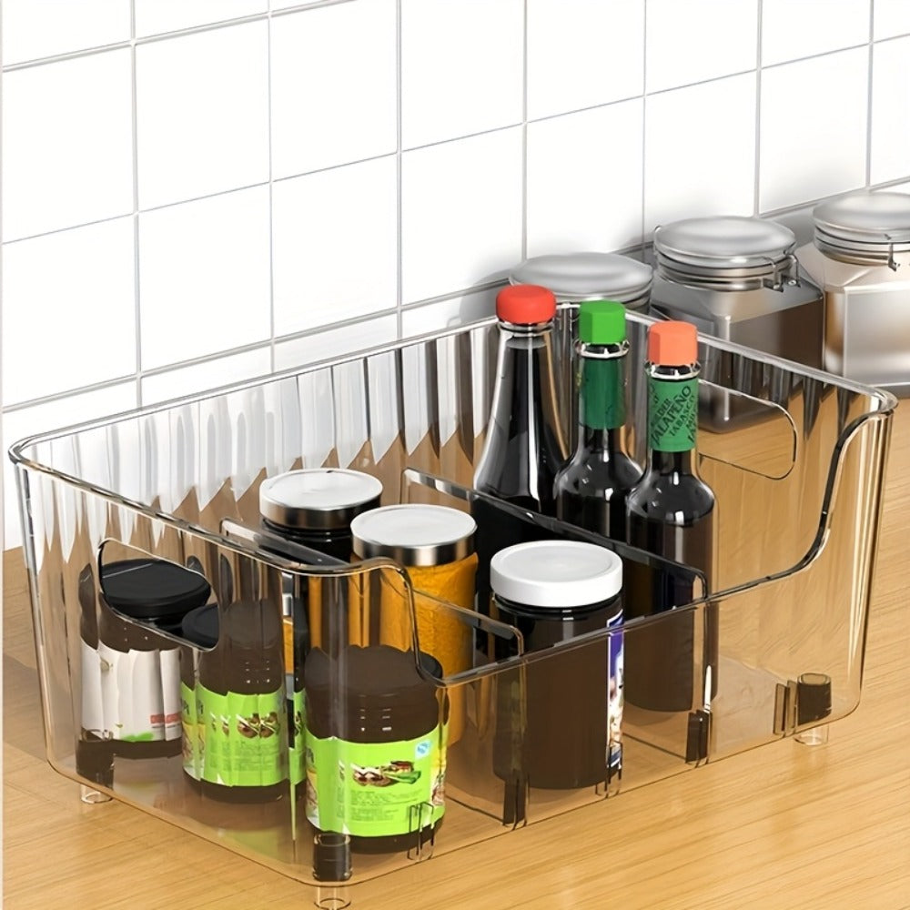 Seasoning Storage Box Transparent Plastic with Adjustable Compartments | Detachable Multi-Function Kitchen Organizer for Spices Snacks Small Items | Large Capacity Refrigerator Countertop Organizer