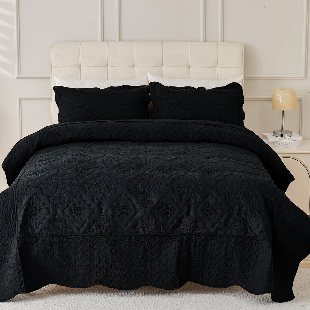 Quilt Set 3 Piece Floral Embroidery Bedspread - 100% Polyester Wrinkle Resistant Lightweight Quilted Coverlet with 2 Pillow Shams for Full Queen King Bed, Elegant Bedroom Decor in 19 Colors