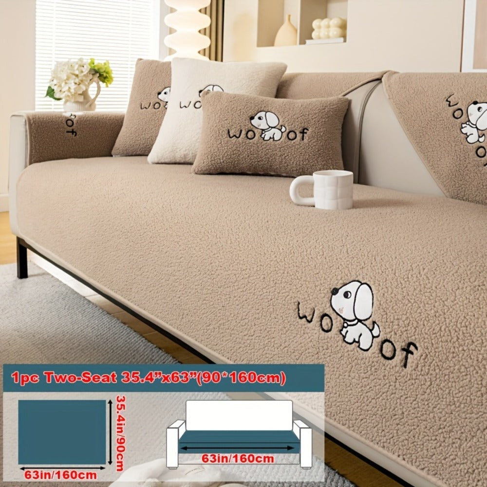 Sherpa Plush Sofa Cover Non-Slip | Thick Fleece Couch Protector, Pet Friendly Furniture Shield, 1 to 4 Seat, Armrest Backrest Pillowcase, Deep Gray Light Gray Coffee Off White