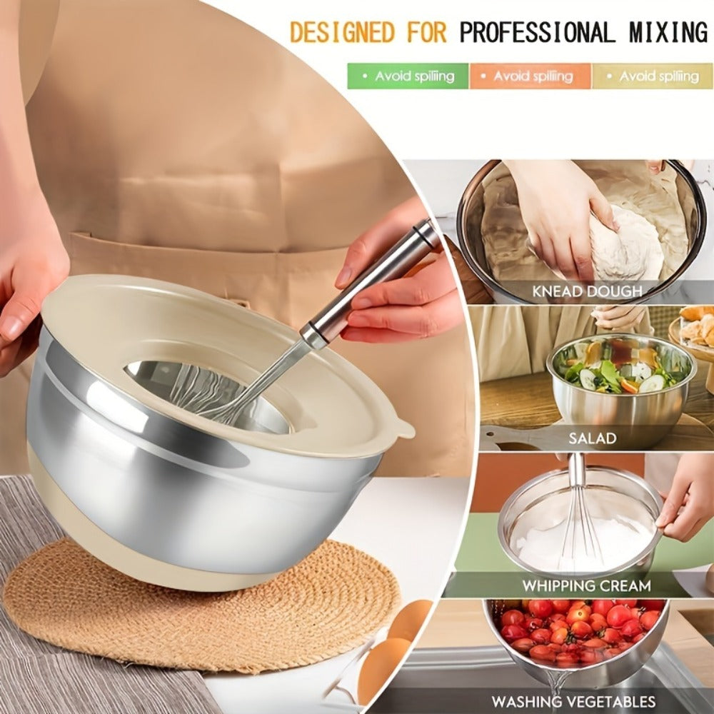 Stainless Steel Mixing Bowls with Airtight Lids 26pcs Set, 3 Grater Attachments, Non-Slip Bottoms, 7Qt 4Qt 2.5Qt 2Qt 1.5Qt 1Qt, Nesting Bowls for Mixing Serving Salad Baking