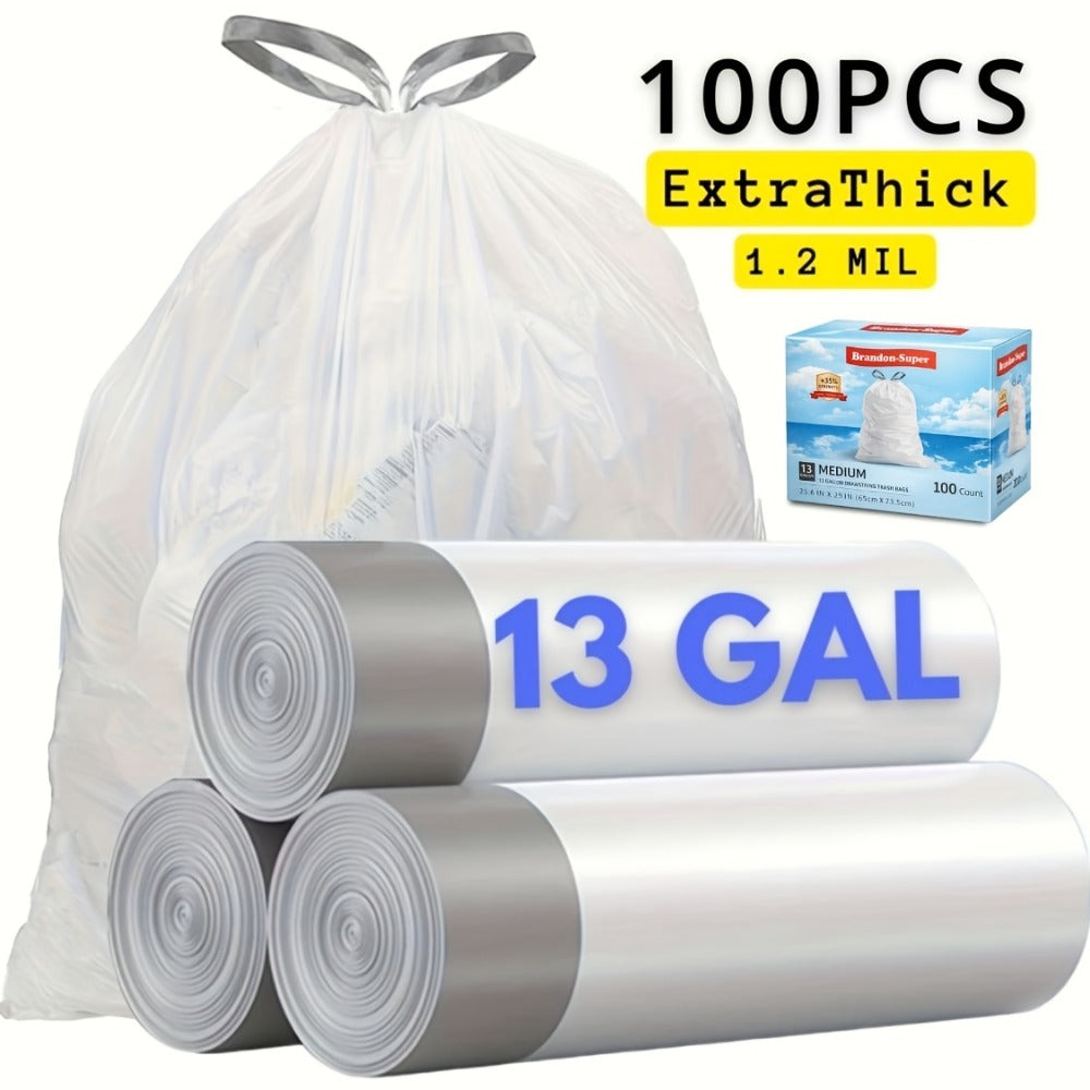 13 Gallon Drawstring Trash Bags Extra Thick Tear Resistant Leak Proof Heavy Duty Garbage Liners for Kitchen Bathroom Office Restaurant High Traffic Areas 100 Pack 200 Pack