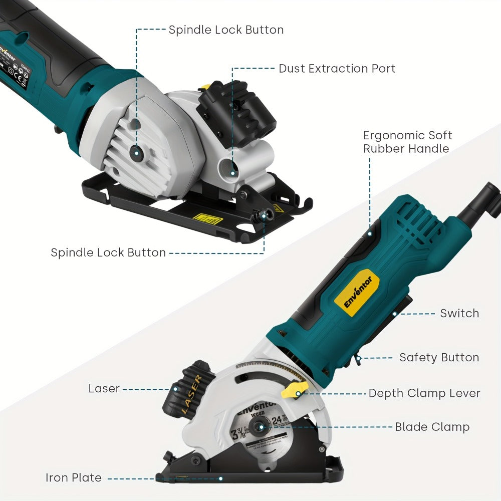 Mini Circular Saw Corded with Laser Guide 4A 3500RPM 3-3/8 Inch Compact Hand Saw for Wood Metal Tile Plastic Cuts DIY Home Improvement