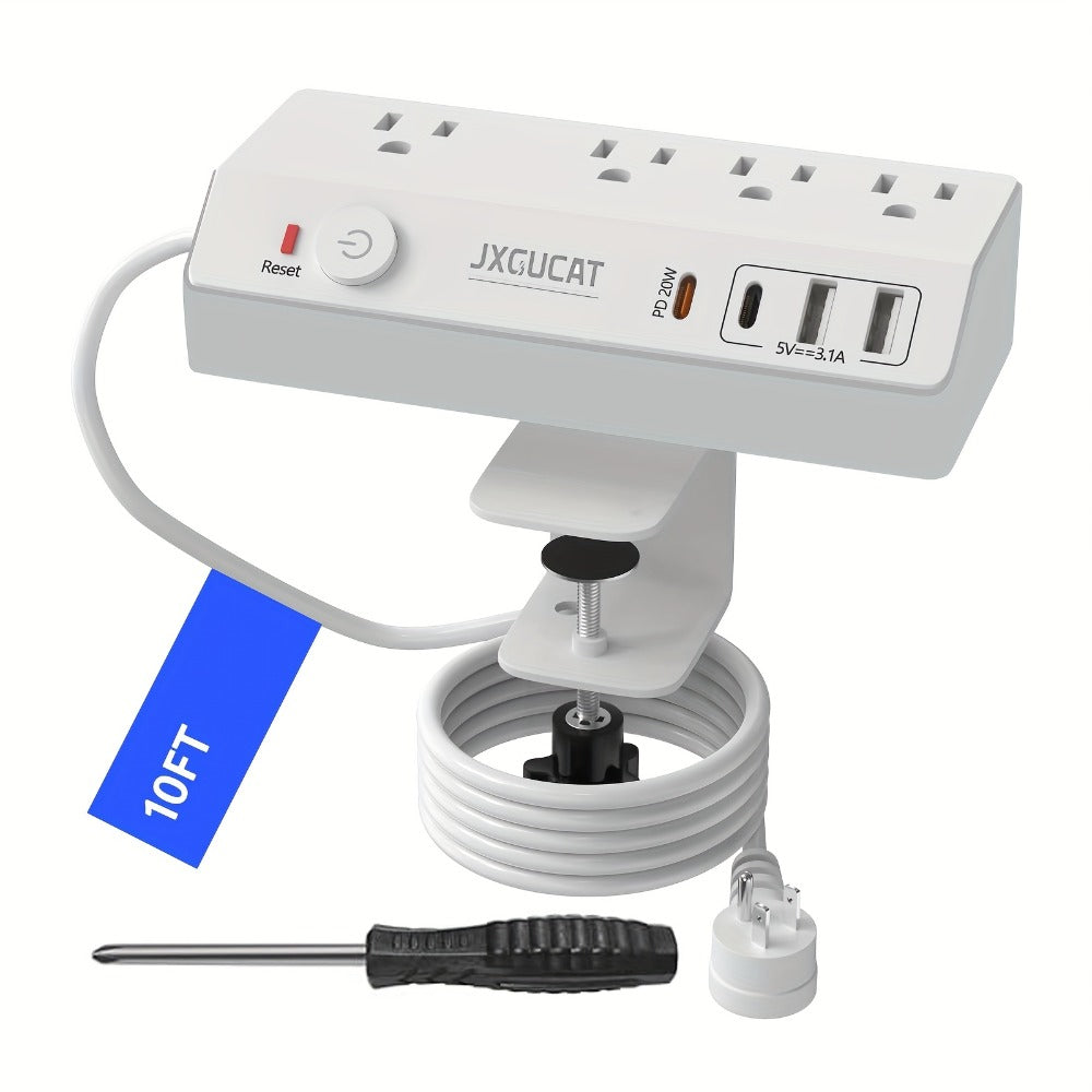 Desk Clamp Power Strip with USB-C PD 20W Fast Charging - 4 AC Outlets 4 USB Ports Surge Protector 1050J 8.8Ft Flat Plug Extension Cord Removable Clamp Fits 1.8 Inch Tabletop Edge Home Office Gaming