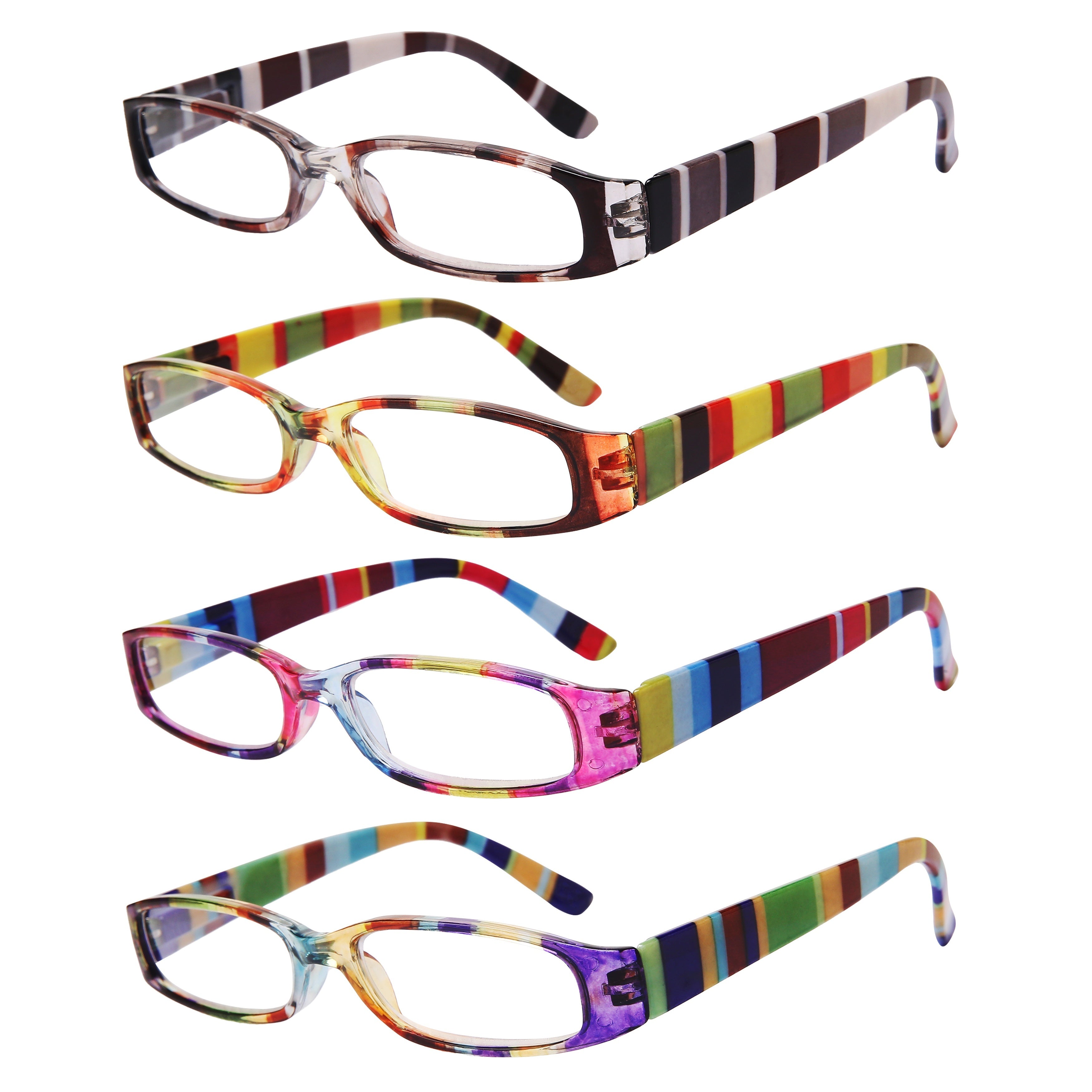 Reading Glasses 4-Pack Retro Rectangle Spring Hinge Multi-Strength for Men and Women ¨C 1.0x to 4.0x Magnification Colorful Printed Frames Eyeglasses Set