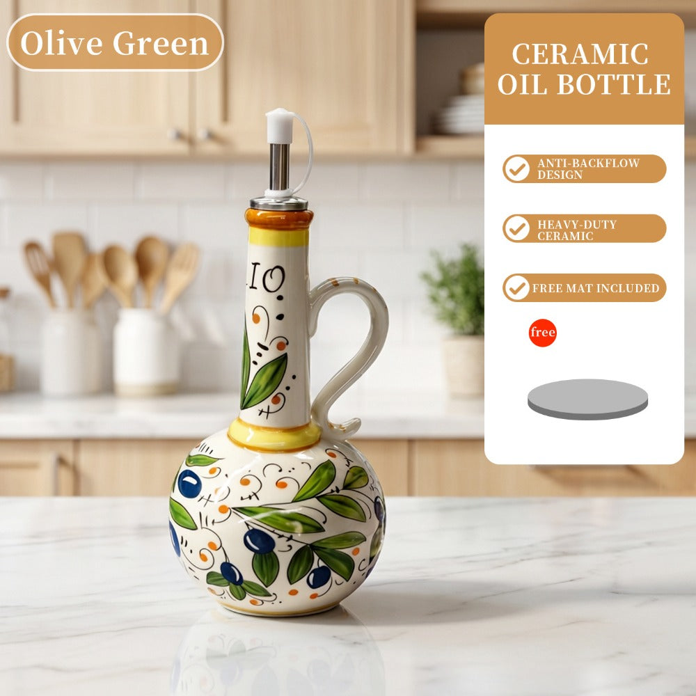 Ceramic Oil and Vinegar Dispenser Set Hand-Painted Underglaze Anti-Drip Leak-Proof Kitchen Oil Bottle with Oil Spout and Foot Pad Olive Green Lemon Yellow
