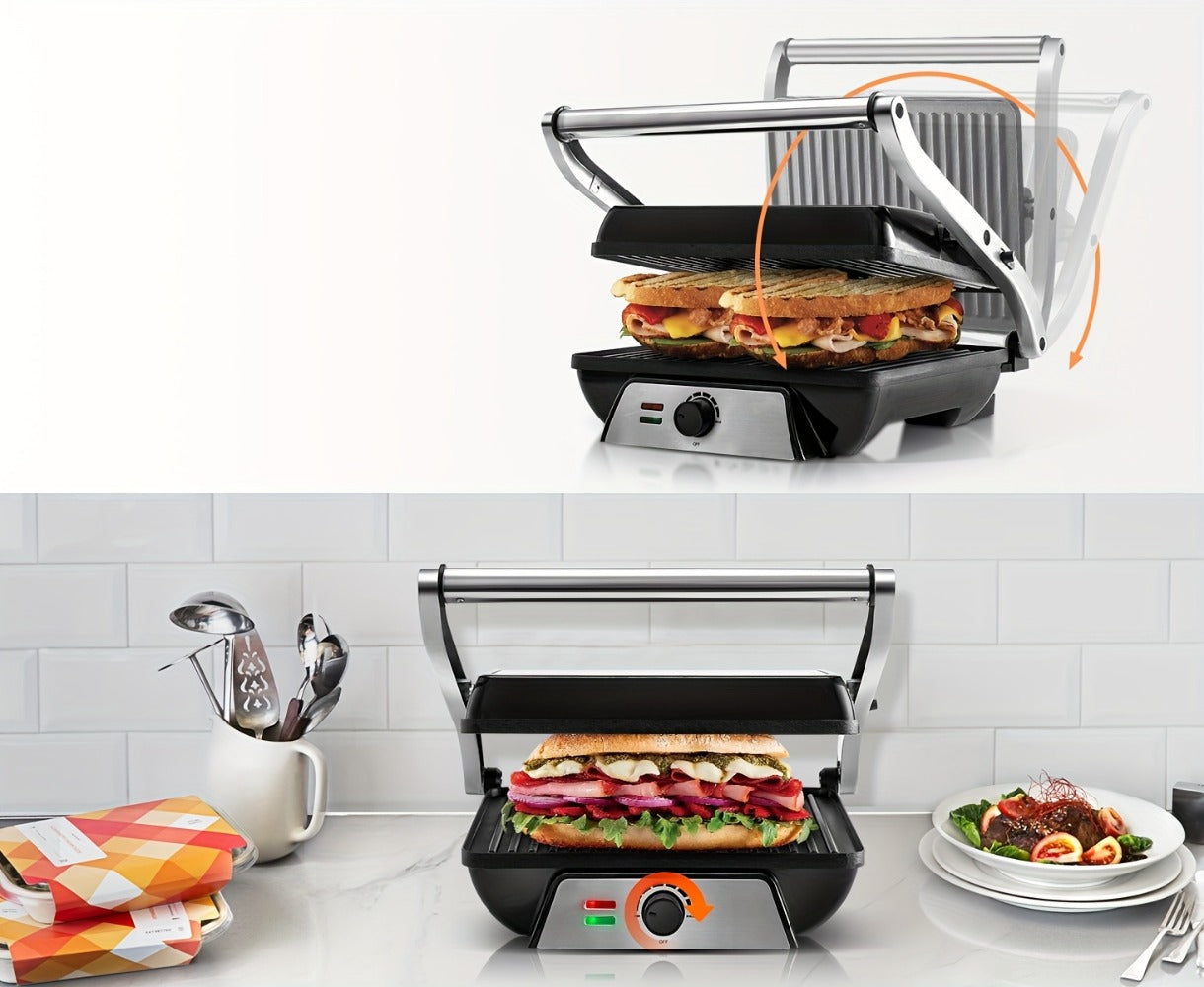 Panini Press Grill 3-in-1 Electric Indoor Grill with Non-Stick Plates - 180¡ã Flat Grill Sandwich Maker with Floating Hinge Grease Tray Temperature Control, Compact Countertop Grill for Home Dorm Office