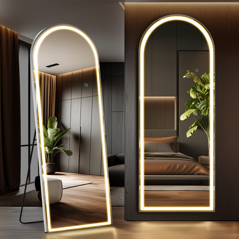 Full Length Mirror Floor Standing with LED Light - Arched & Rect Aluminum Frame Dressing Mirror for Bedroom Living Room, Black/Golden/White