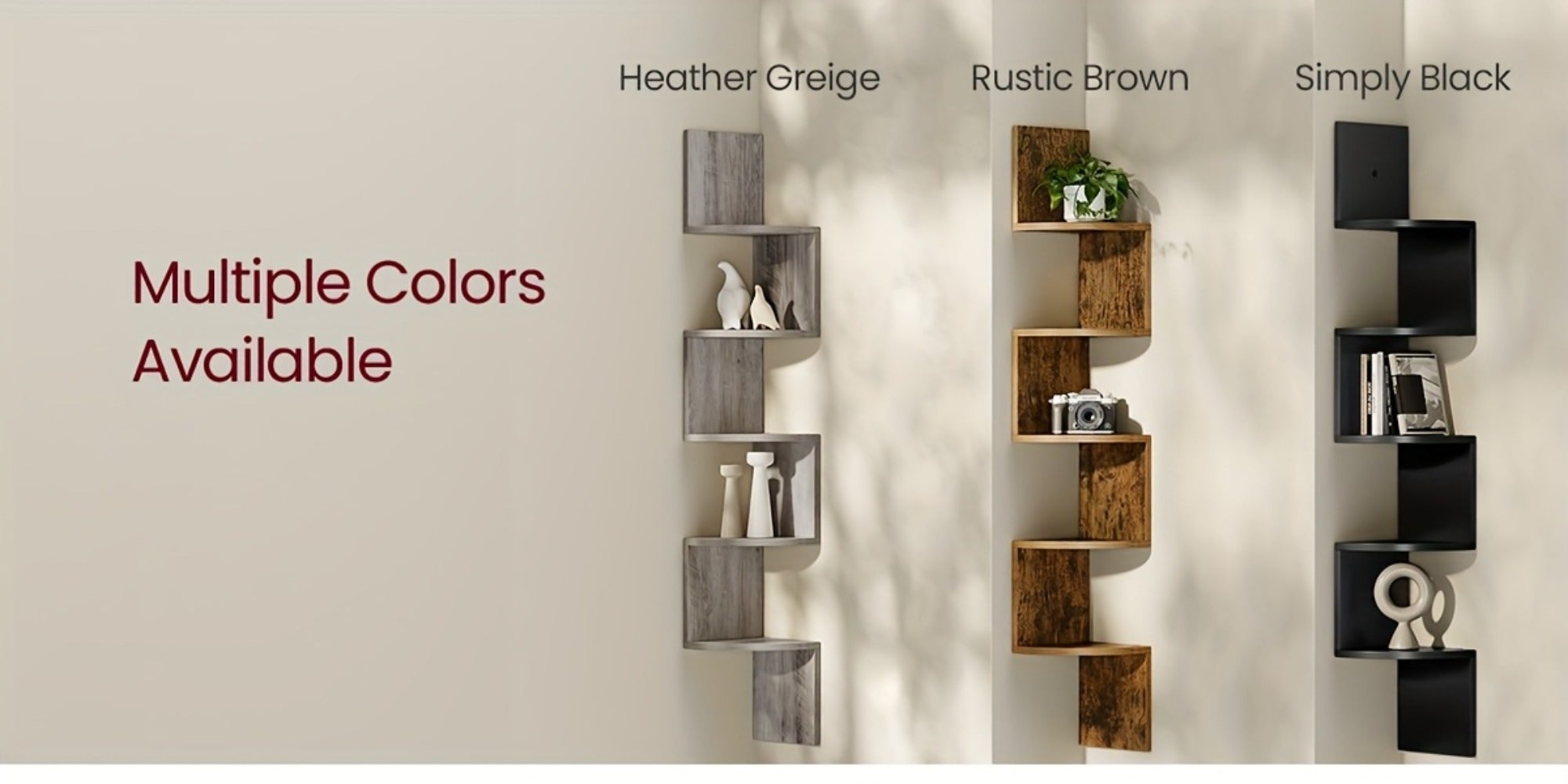 Corner Floating Shelf 5-Tier Wall Mount, Space Saving Storage Rack for Bedroom Living Room, Radial Display Organizer, Easy Install, 7.9¡±¡Á7.9¡±¡Á49.6¡±, Black White Brown Greige Beige