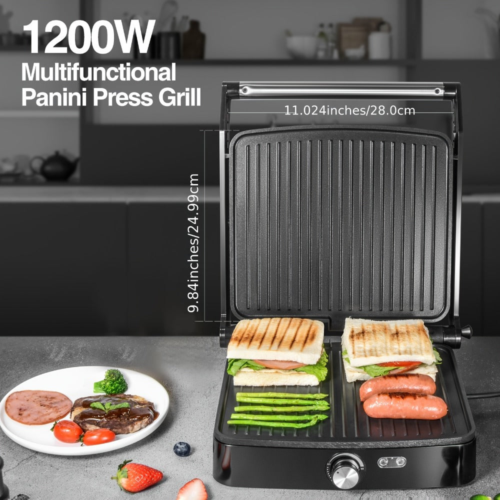 Panini Press Sandwich Maker 1200W ¨C 4-Slice Non-Stick Grill with 180¡ã Opening Adjustable Temperature 120¨C428¡ãF & Removable Drip Tray | Electric Contact Grill for Sandwiches Steaks Burgers Indoor Use