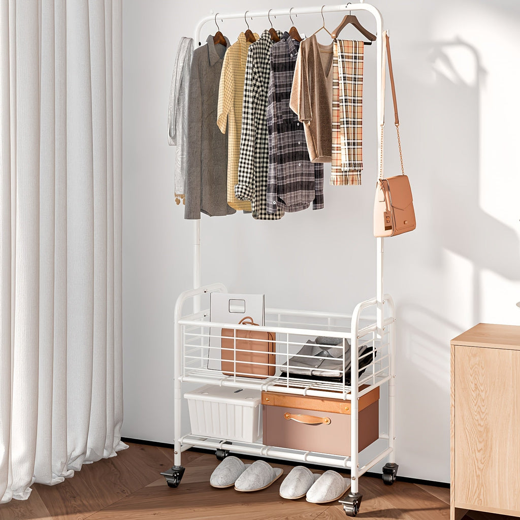 Rolling Laundry Basket with Wheels and Hanging Rack, Laundry Sorter Cart with Shelf and Locking Casters, Heavy Duty Steel Frame, Multifunctional Clothes Hamper for Laundry Room Bedroom Bathroom, White Black Silver
