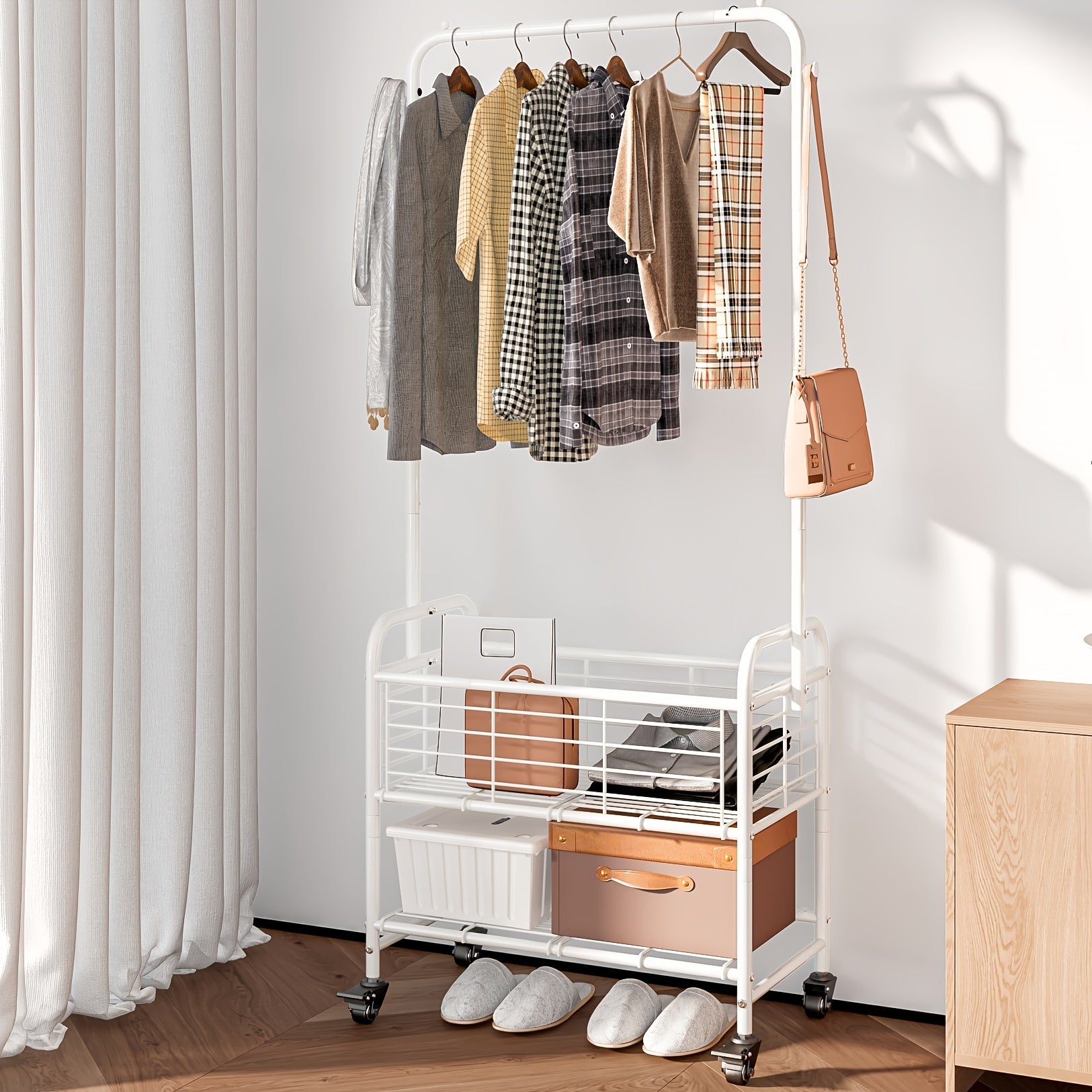 Rolling Laundry Basket with Wheels and Hanging Rack, Laundry Sorter Cart with Shelf and Locking Casters, Heavy Duty Steel Frame, Multifunctional Clothes Hamper for Laundry Room Bedroom Bathroom, White Black Silver