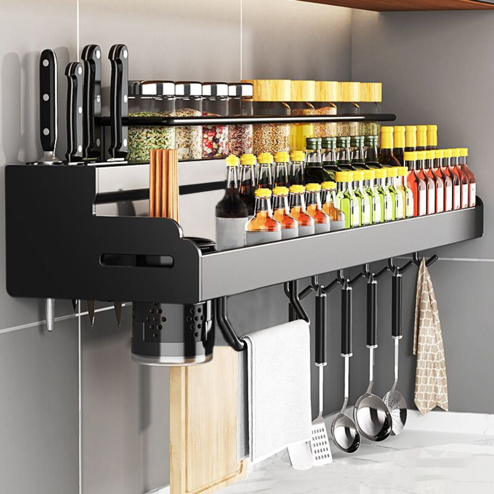 Kitchen Wall Mounted Storage Rack Double Layer ¨C No-Drill Organizer with Knife Slots, Chopstick Holder & Towel Bar, Space-Saving Floating Shelf for Kitchen Counter, 19.69 Inch (Black)