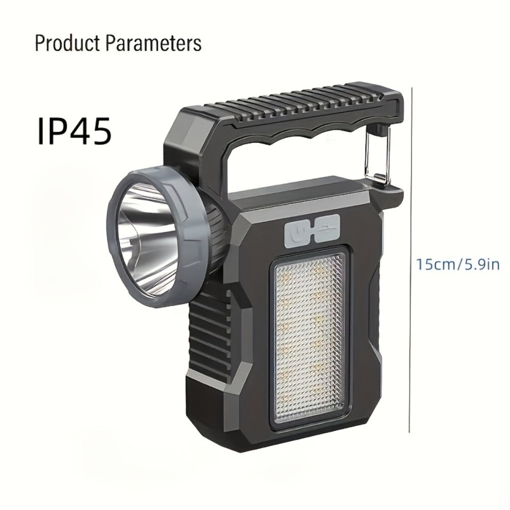 LED Searchlight Spotlight Solar & USB Rechargeable | High-Power Handheld Flashlight with Side Light Locking Clip 4 Modes | Camping Fishing Work Outdoor Emergency Gift