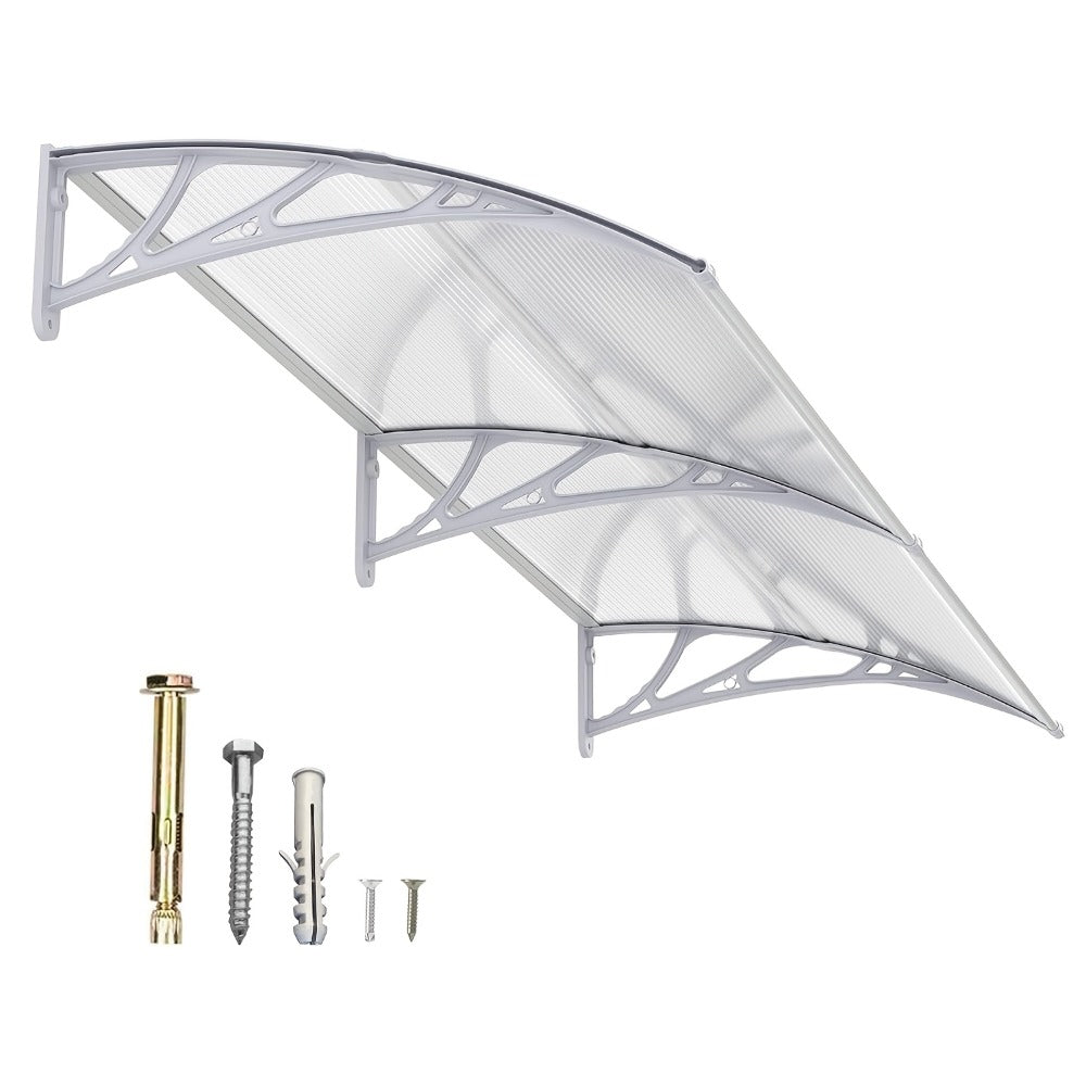 Polycarbonate Window Awning Door Canopy - UV Rain Snow Sun Protection Overhang for Doorways, Patio & Windows, Multiple Sizes, Black/Gray Bracket with Blue/Clear/Brown Board