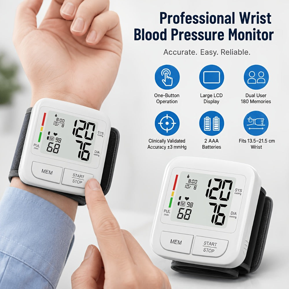 Blood Pressure Monitor Upper Arm Wrist Digital BP Machine LCD Backlit Display 2x90 Memory Arrhythmia Detection Home Use Portable Accurate Heart Rate Monitor with Adult Cuff 5.3-8.4 Inch
