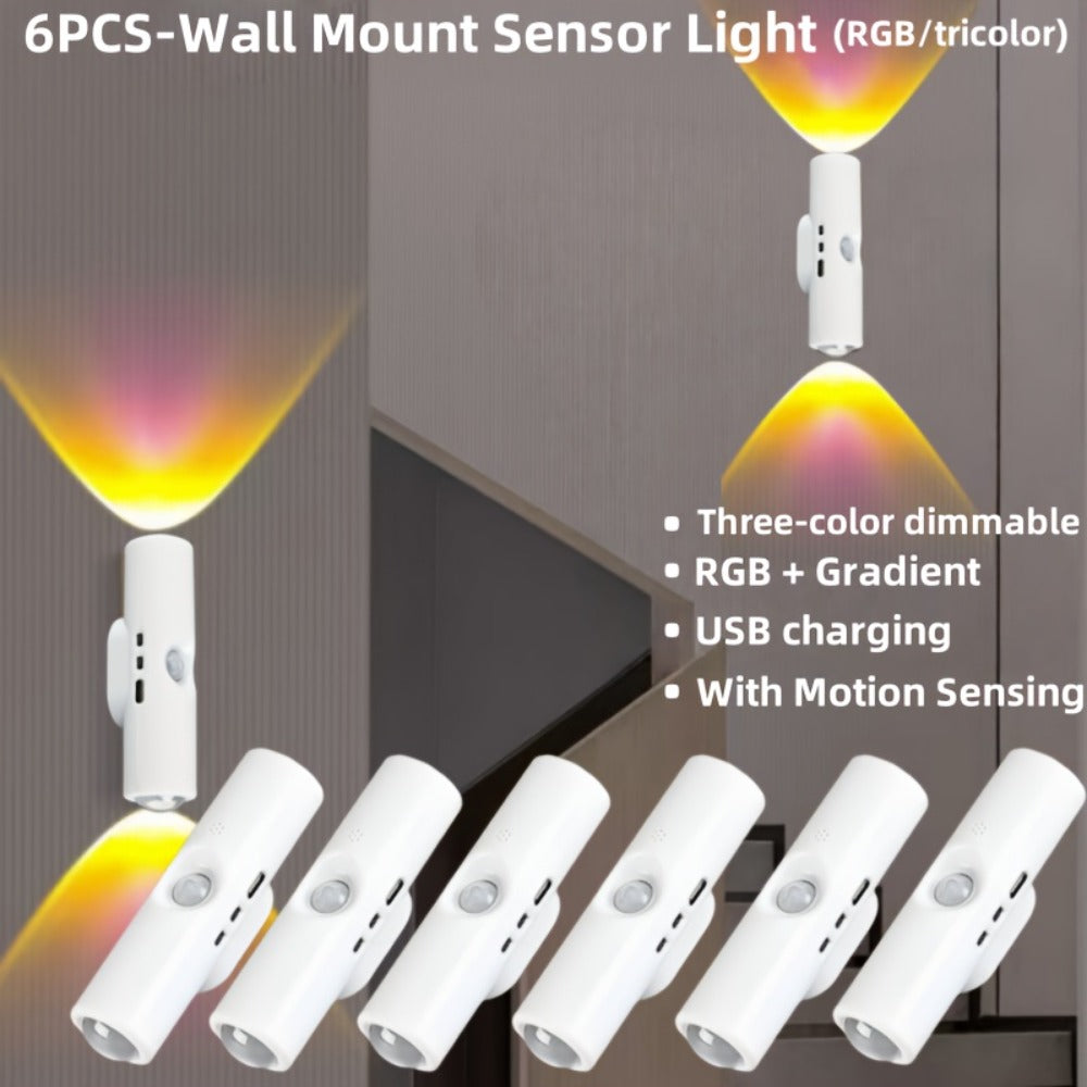 Cat Eye LED Wall Light Motion Sensor ¨C 6 Pack USB Rechargeable Night Lamp, 3 Color Settings, Wireless Auto Sensing No Wiring for Bedroom Stairs Closet Bathroom Hallway (RGB / Three Colors)