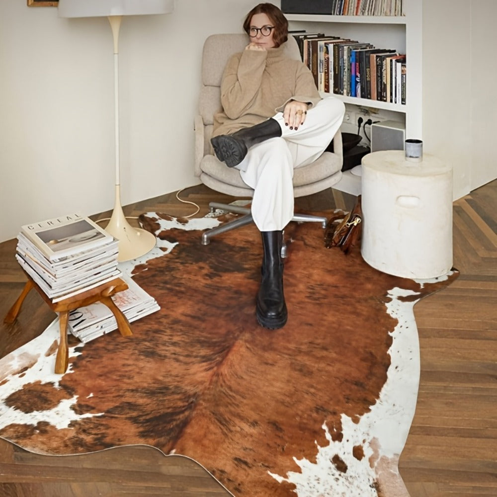 Faux Cowhide Rug Brown Western Style Area Carpet | Non-Slip Suede Backing | 5.2¡Á4.6 & 6.2¡Á5.2 Ft | Living Room Bedroom Office