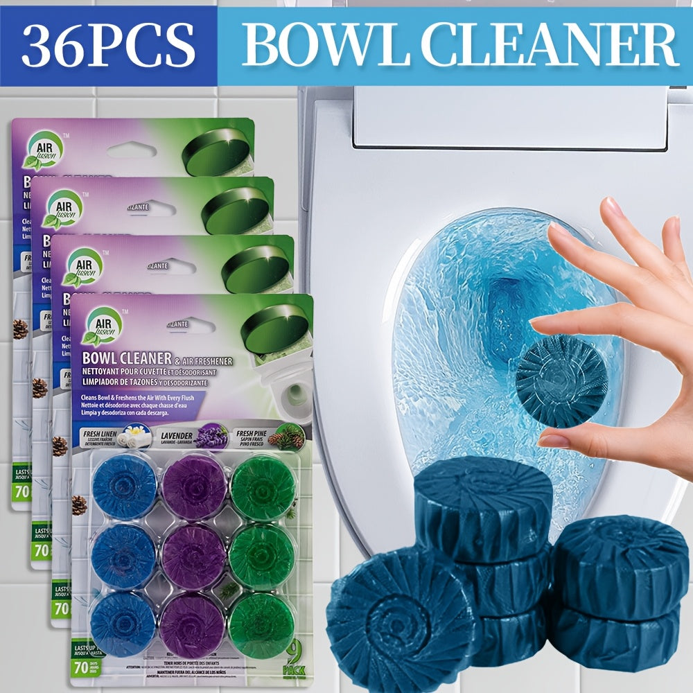 Automatic Toilet Bowl Cleaner Tablets 9/36pcs - Low Odor Fresh Linen Lavender Pine Mix Scents, Powerful Stain Removal Long-Lasting Deodorizer, Safe for Plastic Surfaces, Easy Use for Home & RV Toilet