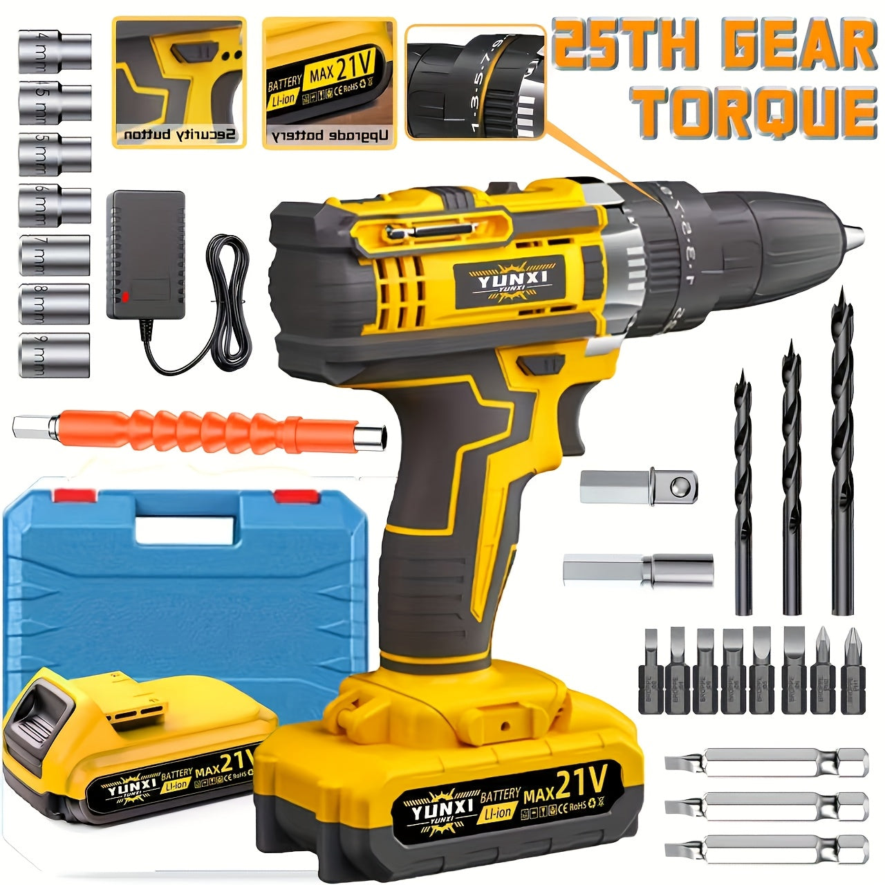 Cordless Impact Drill Set 21V - Wireless Power Drill with Battery & Quick Charger, Multifunctional Tool Kit for Home Repair, DIY Projects & Family Use, Multiple Configurations Available (Gift for Men)