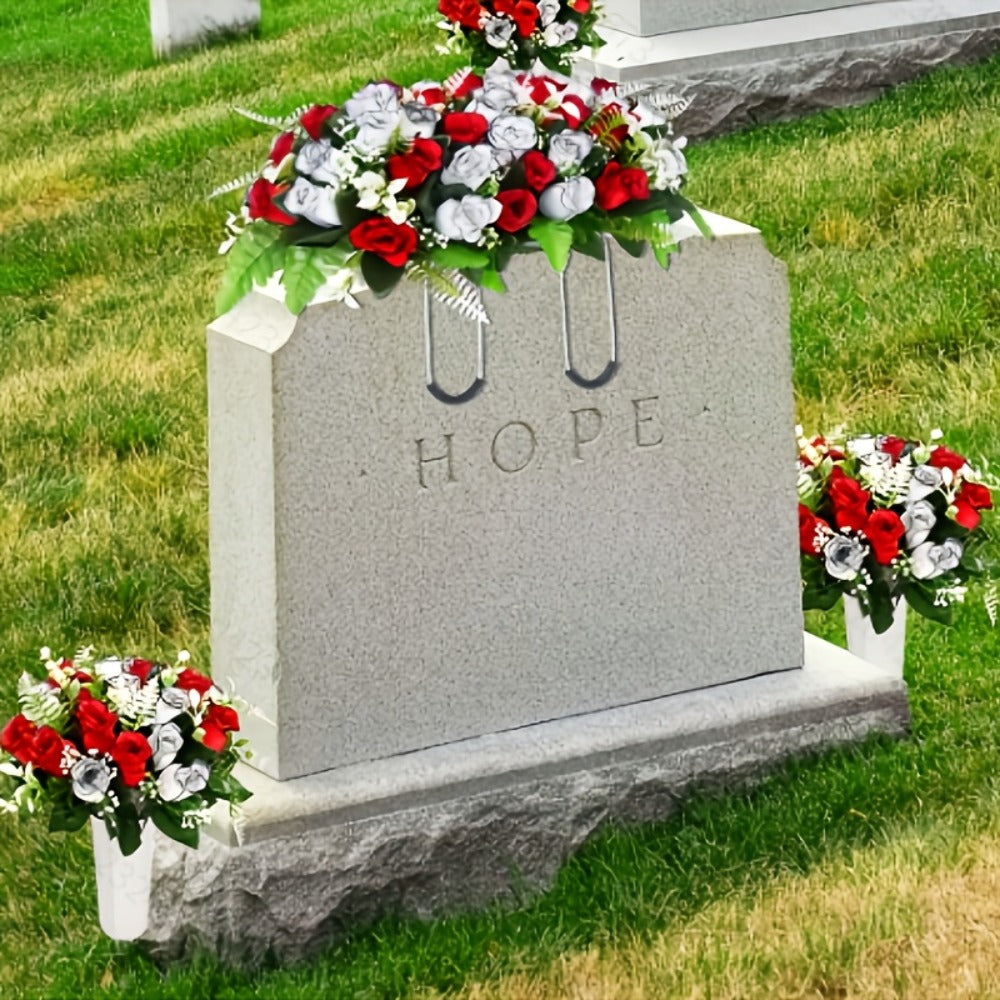 Artificial Cemetery Flowers for Grave with Saddle, Silk Rose Bouquet Headstone Decoration, Memorial Day Grave Flowers, Outdoor Grave Marker Floral Arrangement, 1/2/3 PCS