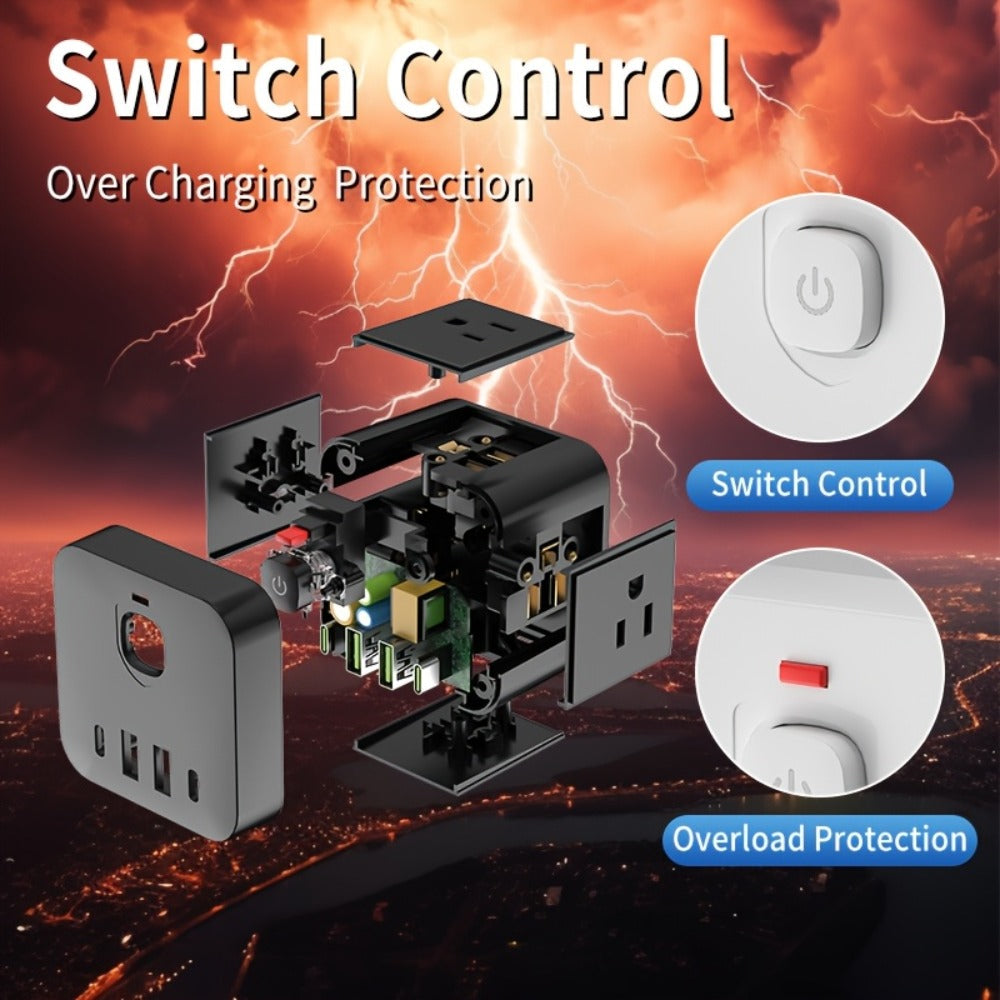 Surge Protector Power Socket 4 Side Outlets 2 USB-A 2 USB-C Overload Protection Power Off Switch Multifunctional for Living Room Kitchen Bathroom Bedroom Office Black