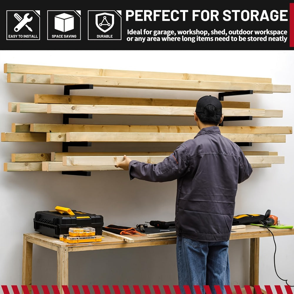 Lumber Storage Rack Wall Mount 4-Level ¨C 800 LBS Per Level Metal Wood Organizer Rack for Garage, Shed & Workshop | Heavy Duty Wall Mounted Wood Storage Rack for Lumber, Pipes & Long Materials | Black