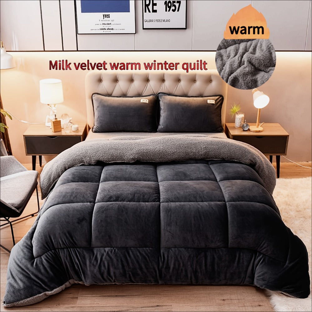Reversible Milk Velvet Comforter Soft Quilted Blanket 100% Polyester Plush Fleece Bedding All Season Machine Washable for Home Hotel Queen King Size Light Grey Dark Gray