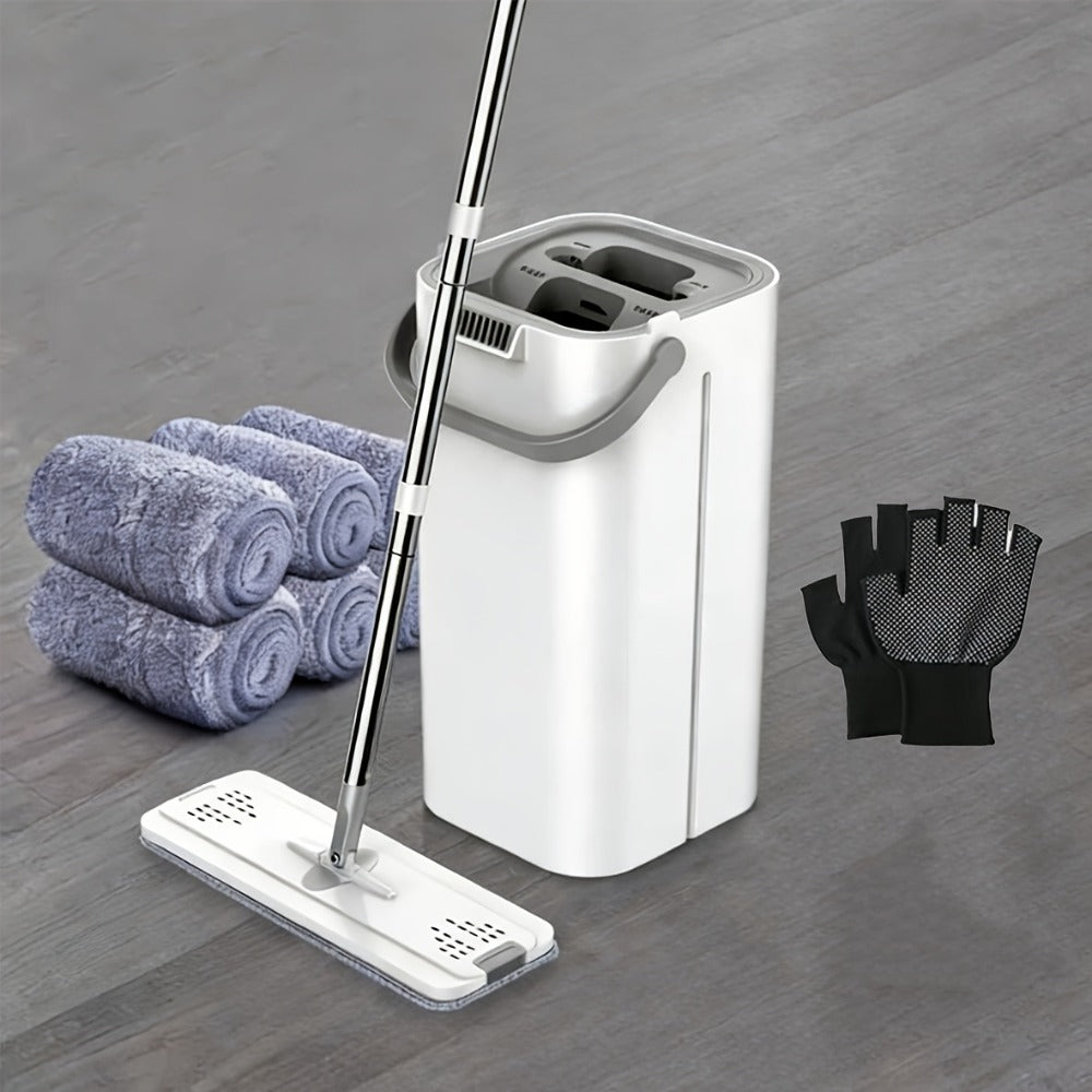 Hands-Free Flat Mop with Bucket Set ¨C 8pcs, 6 Microfiber Pads & Gloves, Dry & Wet Floor Cleaning for Bedroom, Kitchen & Bathroom
