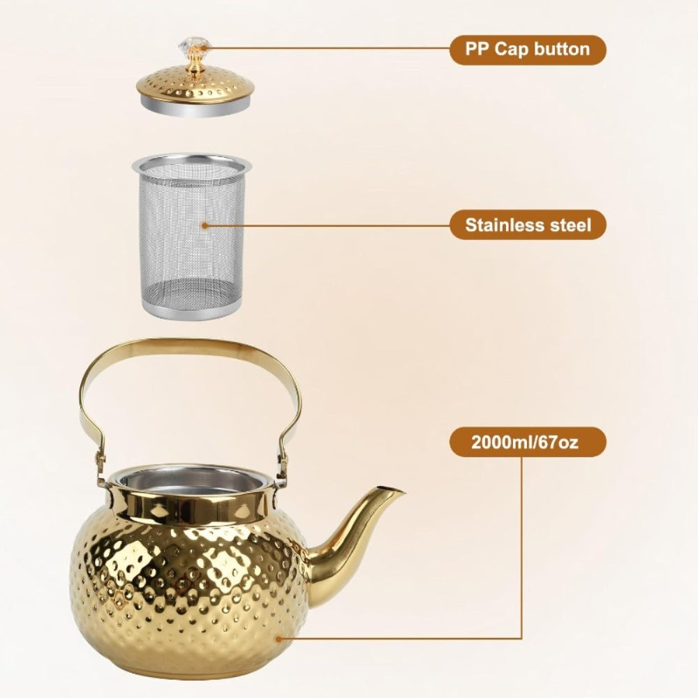 Hammered Tea Kettle Stainless Steel ¨C 40.58oz Stovetop Teapot with Strainer for Loose Leaf Tea, Coffee & Milk, Classic Hammered Design, Outdoor & Travel Friendly, Premium Tea Gift ¨C Gold, Silver