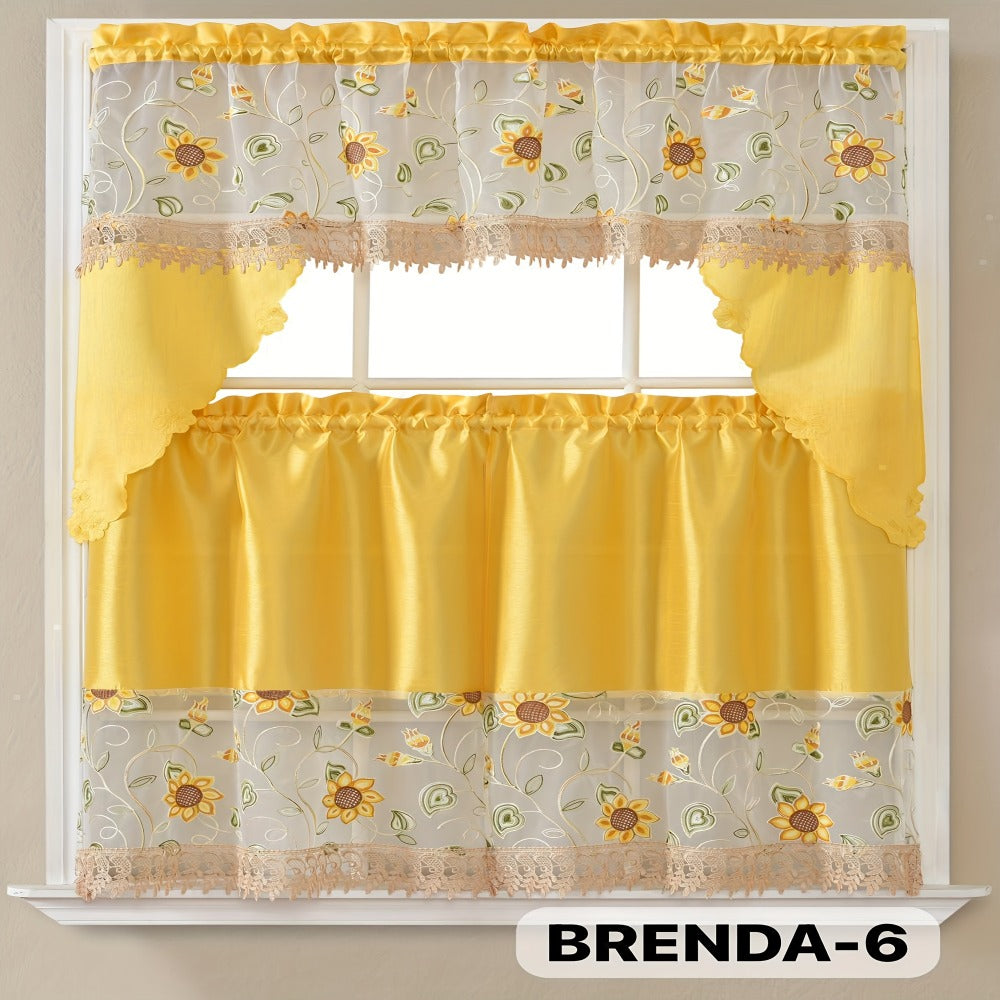 Kitchen Curtains 3 Piece Set Embroidered Satin Valance and Tiers - Rod Pocket Light Filtering Machine Washable 46 Colors Available All Season Home Decor