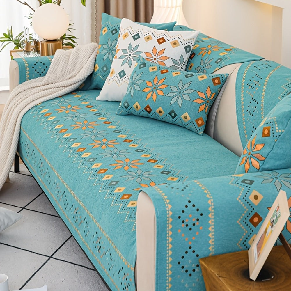 Chenille Sofa Cover Bohemian Style Jacquard Knit Anti-Slip Pet Friendly All Season Sofa Mat Protector - Single 2 3 4 Seater Armrest Backrest Pillow Case Grey White Yellow