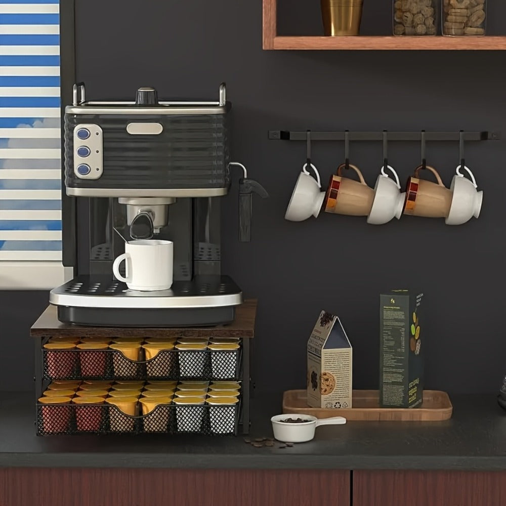 Coffee Pod Holder K-Cup Storage Drawer with Sliding Basket | 48-Capsule Double Layer Coffee Capsule Organizer for Countertop | Compatible with Nespresso Keurig Pods | Brown Coffee Bar Accessory