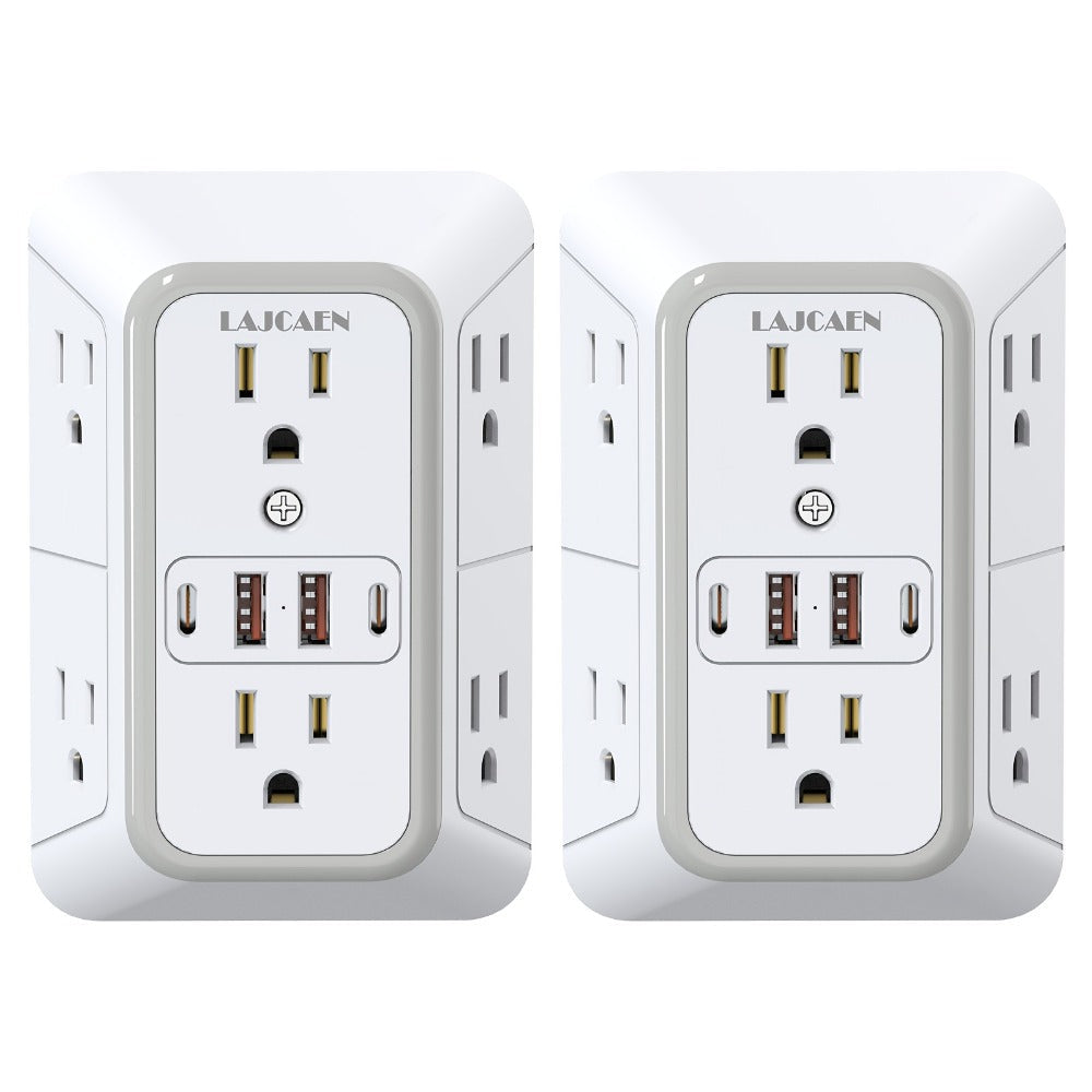 Outlet Splitter Wall Expander 10-in-1 with 6 AC Outlets 2 USB-A 2 USB-C Ports 3-Sided Plug Extender Surge Protector Night Light Compact Space-Saving Design for Home Dorm Apartment Office