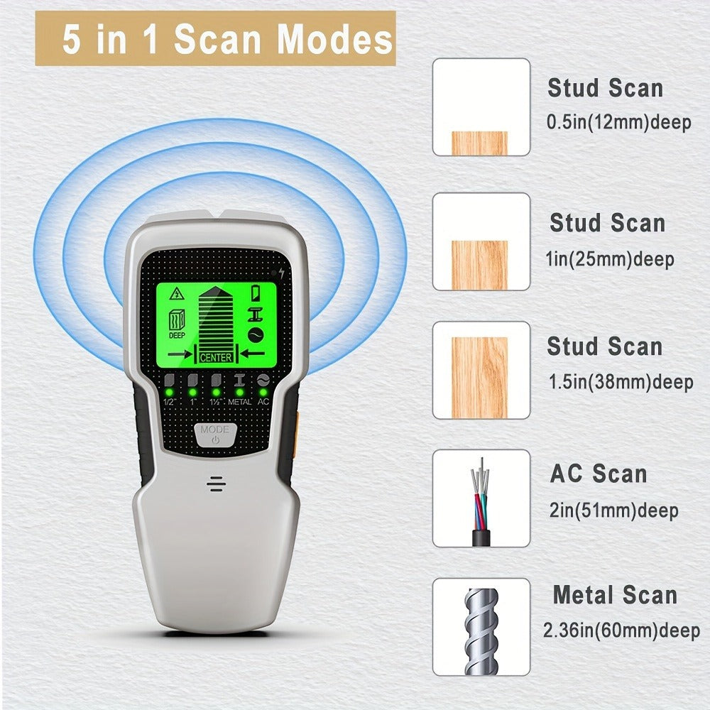 Stud Finder Wall Scanner 5-in-1 Electronic C75 | LCD Display Audio Alarm Detects Wood Studs AC Live Wire Metal Pipes Joists | Accurate Wall Detector for Drywall Home Renovation DIY Hanging TV Shelf