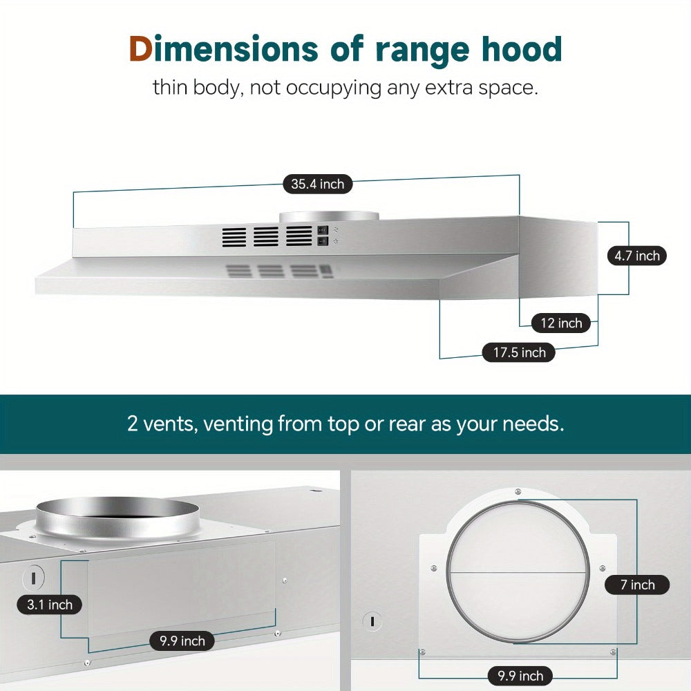 Range Hood 36 Inch Under Cabinet Ducted Ductless Convertible Stainless Steel 350CFM 2-Speed Exhaust Fan LED Light 3-Layer Aluminum Mesh Filter Top Rear Venting Kitchen Vent Hood