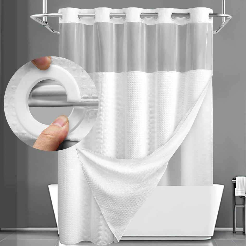 Hookless Shower Curtain with Snap Liner 74x71 Inch - Waffle Texture Double Layer with See-Through Window Waterproof Washable Hotel Quality Bathroom Curtain Set | Grey White Matcha Black | Home Decor Gift