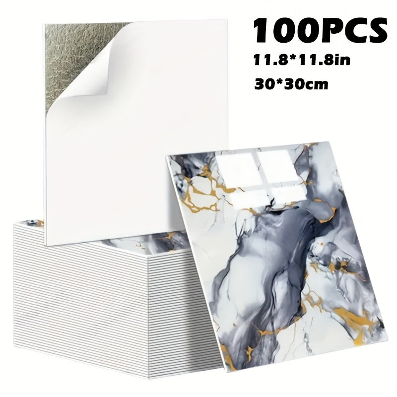 Peel and Stick Wall Tiles 50/100pcs - Waterproof PVC Marble Self-Adhesive Vinyl Panels for Bathroom Shower Kitchen Living Room TV Backdrop, Modern Wall Decor Easy Installation No Grout Required