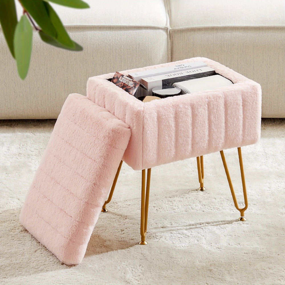 Faux Fur Storage Ottoman Stool ¨C Soft Furry Vanity Seat with Storage, 4 Metal Legs & Non-Slip Feet ¨C Cute Modern Multi-Function Chair for Bedroom, Vanity & Living Room