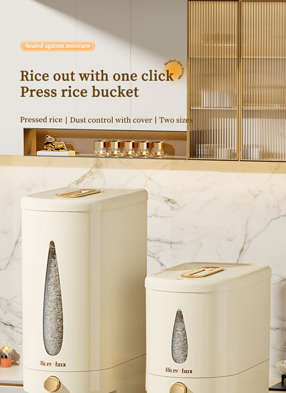 Rice Dispenser Storage Container Press Type Measuring Cup Moisture-Proof Sealed Grain Bin - Large Capacity Airtight Rice Storage Box for Rice Coffee Beans Flour Legumes Pet Food Kitchen Pantry Organizer