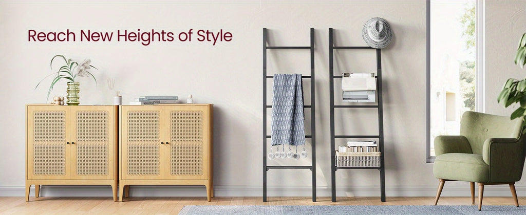 Blanket Ladder Shelf 5-Tier Freestanding Wood Ladder Rack for Blankets Towels Books Decor, Modern Farmhouse Ladder Shelf Wall Leaning Storage Organizer for Living Room Bedroom, 4 Colors