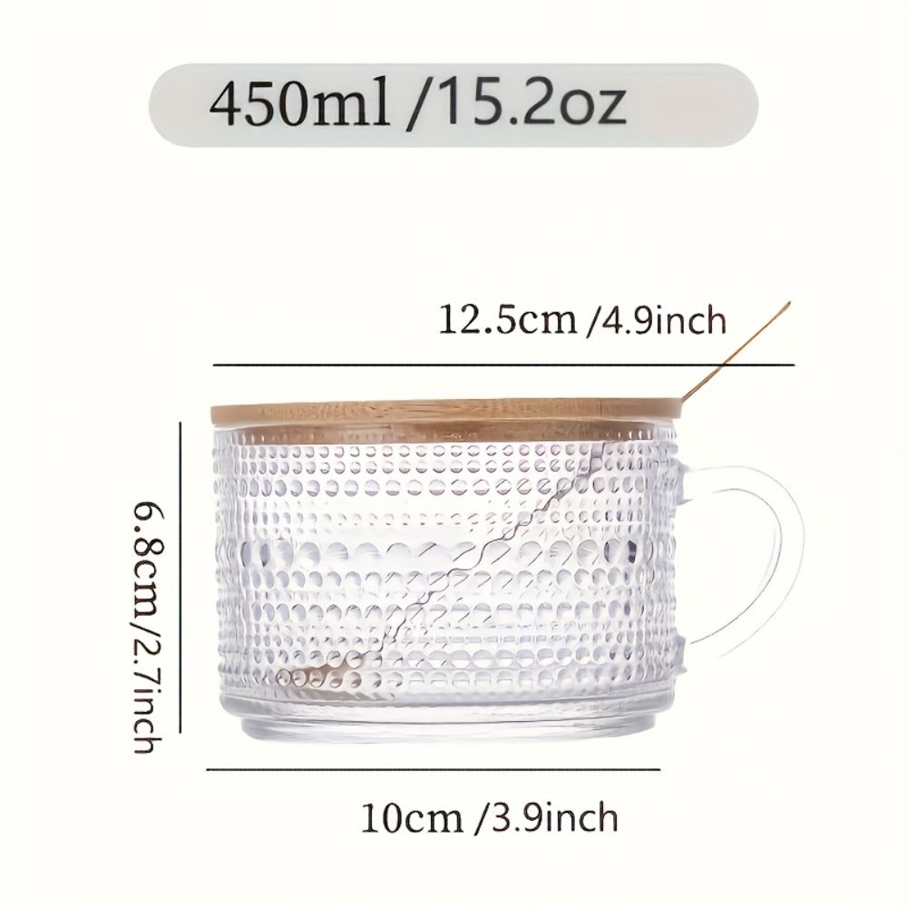 Glass Coffee Cups Set of 4 with Bamboo Lids and Spoons 450ml Vintage Embossed Iced Coffee Glasses for Cappuccino Latte Overnight Oats