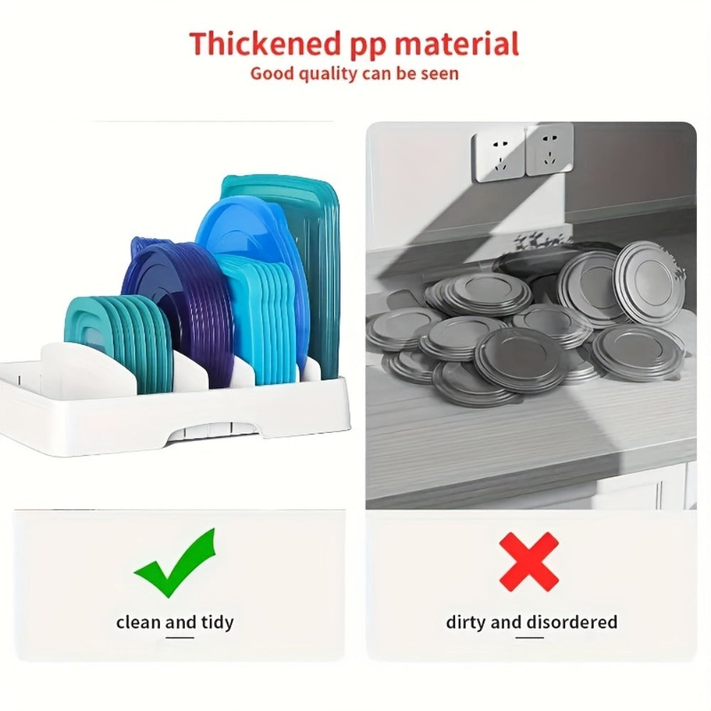 Adjustable Kitchen Storage Rack with 5 Baffles ¨C Cutting Board, Pot Lid & Tableware Organizer, Food Container Cover Holder