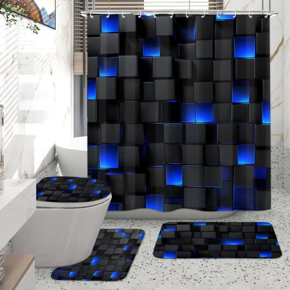 Shower Curtain Set with 12 Hooks & Toilet Seat Cover, 4-Piece Bathroom Set Dark Blue Geometric Abstract Cube Pattern, Modern Waterproof Bath Curtain Set for Bathroom Decor