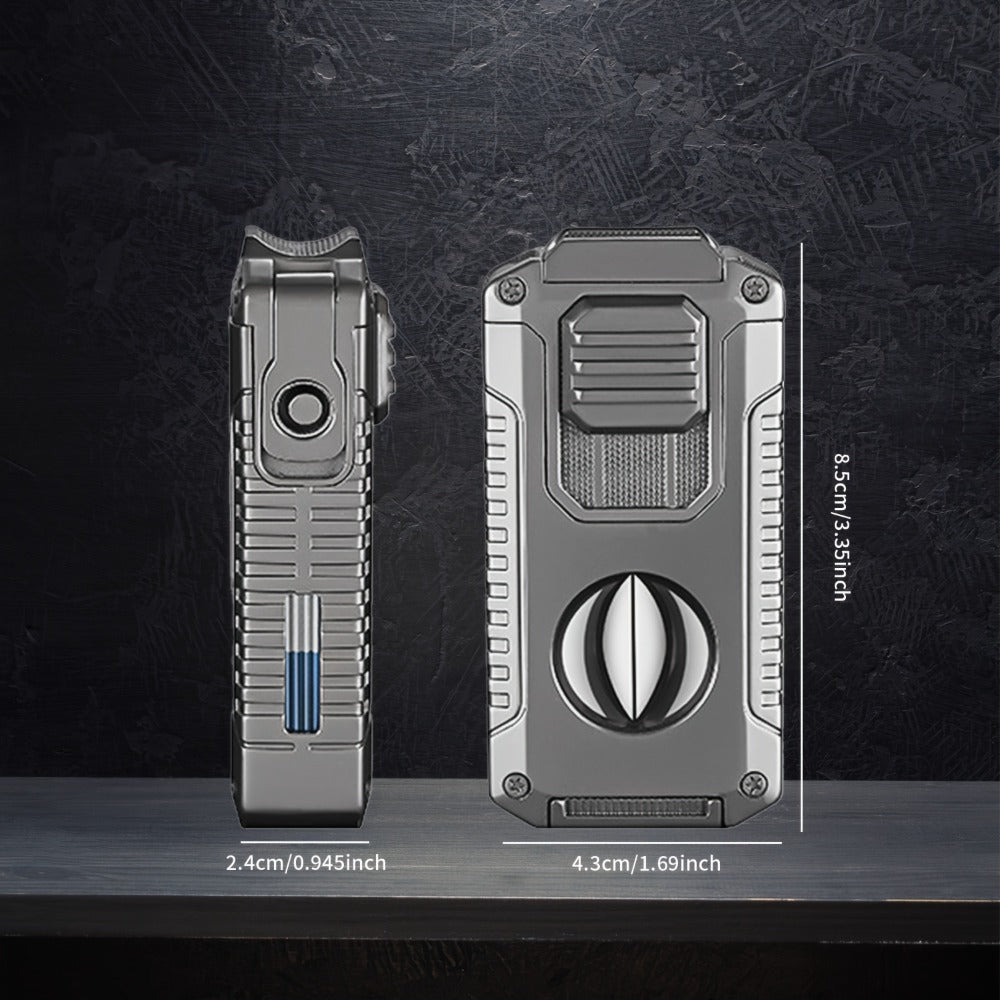 Windproof Tri-Jet Flame Butane Lighter 5-in-1 Metal Refillable - Adjustable Flame Cigar Lighter with Transparent Gas Chamber for BBQ Camping Candles Gift