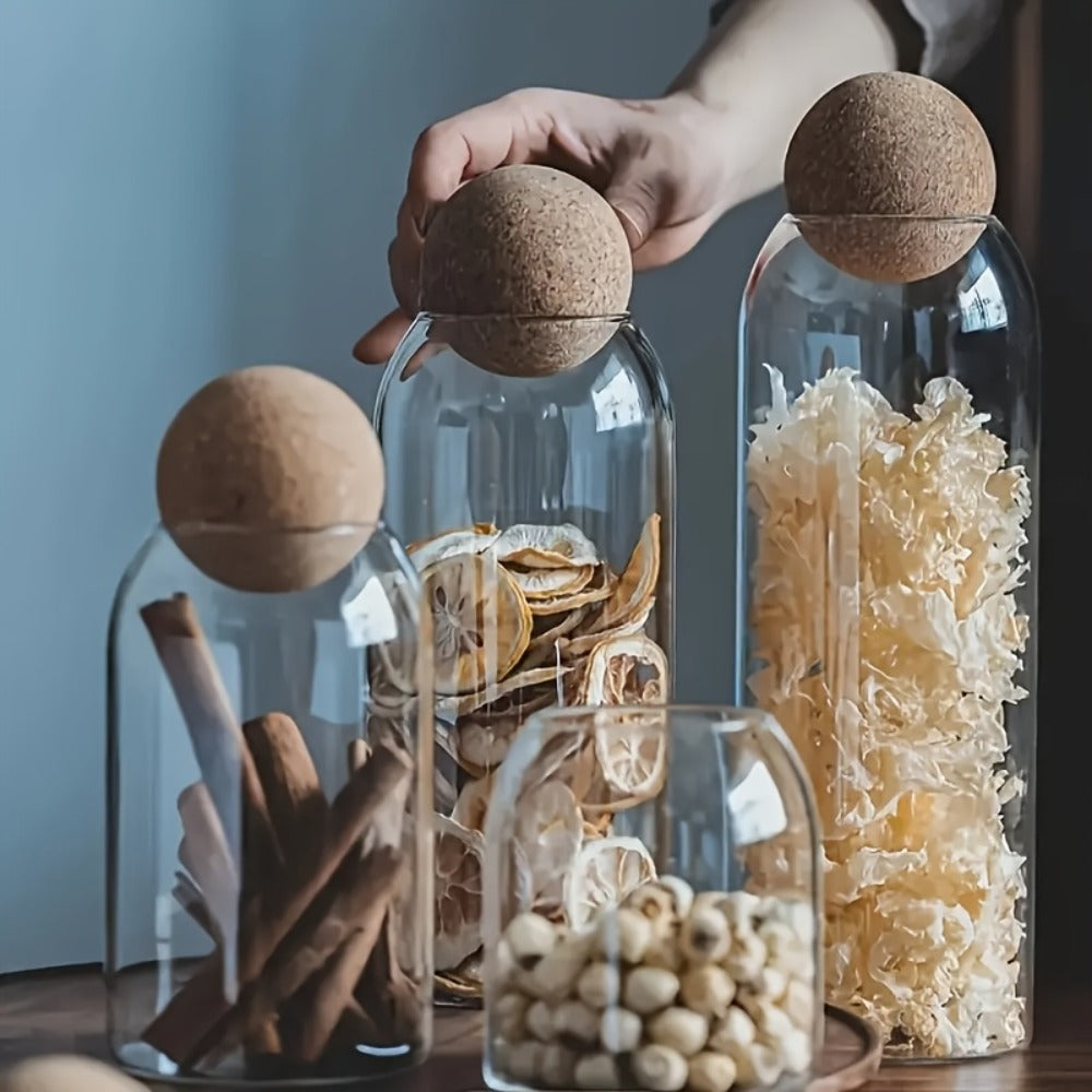 Glass Storage Jars with Cork Lid Set of 3 | 17oz 500ml Airtight Glass Containers with Spherical Cork Stopper | Kitchen Organizer for Tea Nuts Candy Spices Dried Flowers