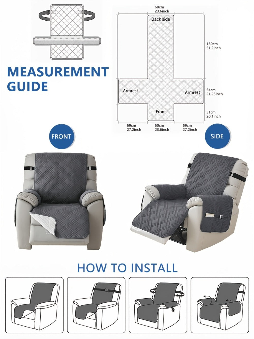 Recliner Cover Quilted with Side Pocket - Anti-Slip Elastic Band Pet Friendly Sofa Chair Protective Slipcover Easy Install for Living Room Home Decor, 6 Colors