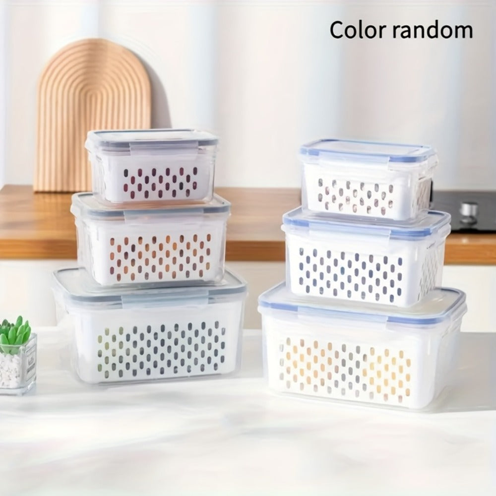Food Storage Containers Set 6pcs BPA Free Plastic with Drain Baskets and Lids Leak Proof Freezer Safe Reusable for Fruits Vegetables Meal Prep Kitchen Organizer