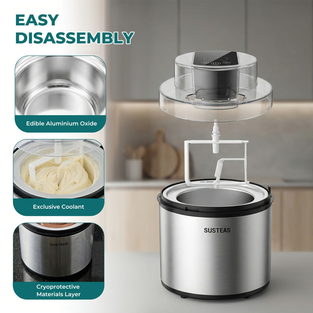 Ice Cream Maker 2 Liter Large Capacity Stainless Steel with LED Screen - Electric Ice Cream Machine for Home, Parties & Barbecues, Makes Frozen Yogurt & Fruit Smoothies, Easy to Clean, Great Gift