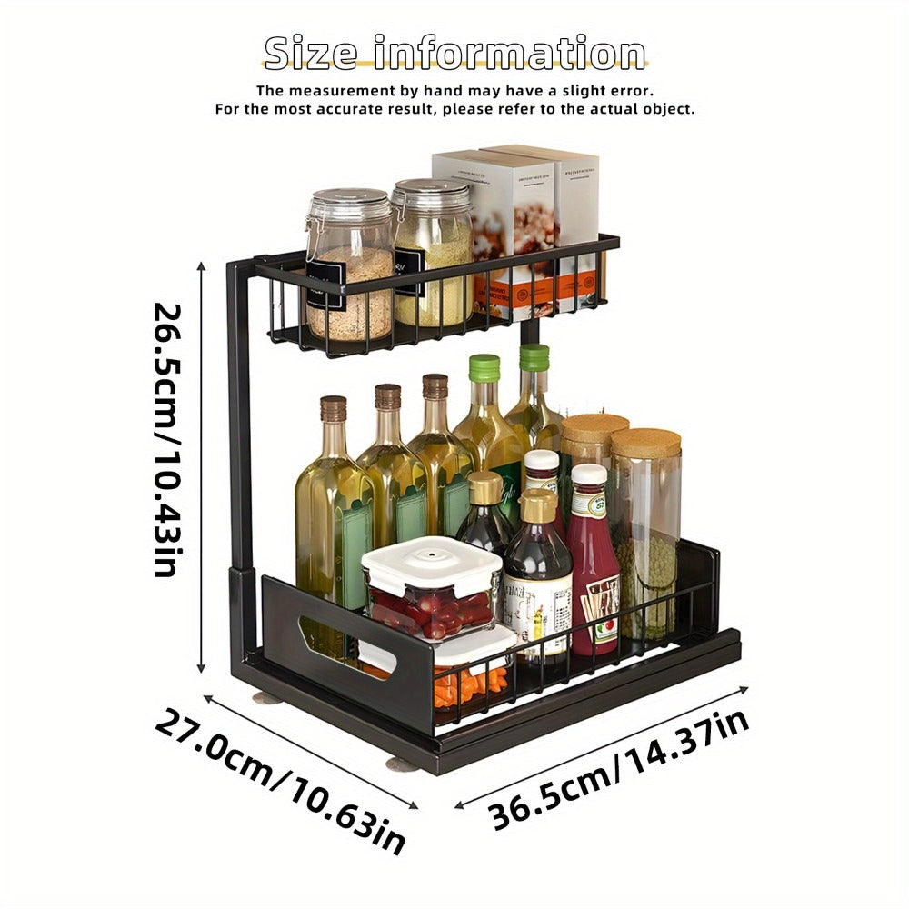 2-Tier Pull-Out Cabinet Organizer Metal Sliding Drawer, Kitchen Sink Storage Container for Bathroom Tabletop Study, Push-Pull Stackable Organizer for Kitchen Bathroom Cabinet